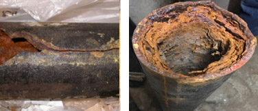 Bathroom sanitary pipe (Left). Corrosion on riser (Right)
