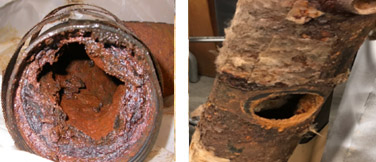 Clogged grease waste pipe (Left). Failed air handler (Right).
