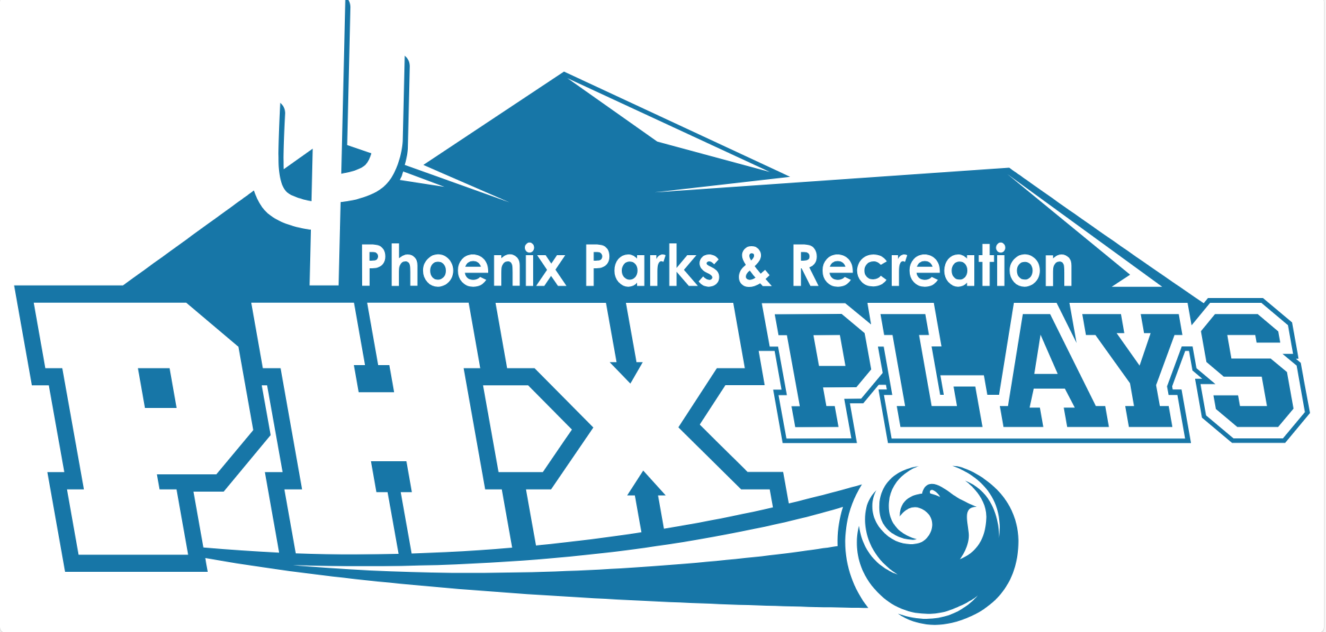 Phoenix Parks & Recreation 'PHX Plays' logo featuring a desert mountain, cactus, and stylized text with a phoenix emblem.