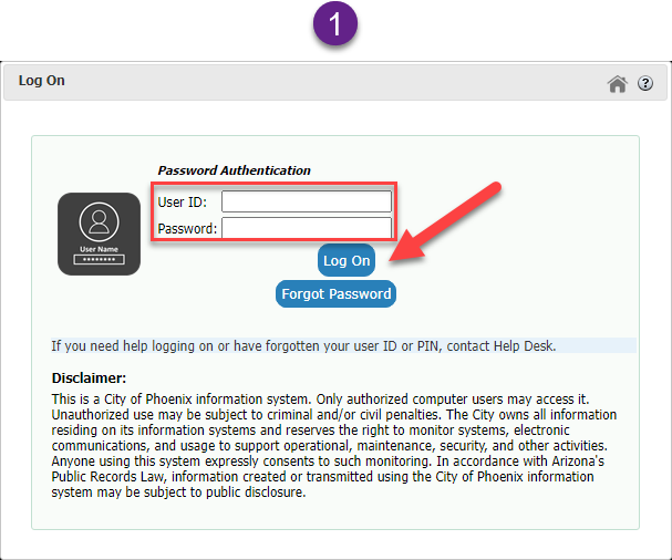 Enter your employee ID and your computer password. Click Log On.