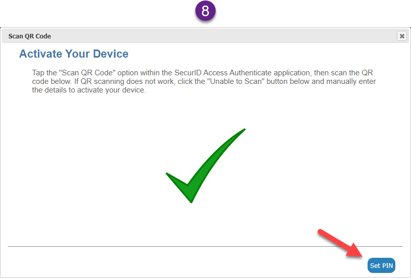 When the checkmark on the Active Your Device screen appears, click on Set PIN.