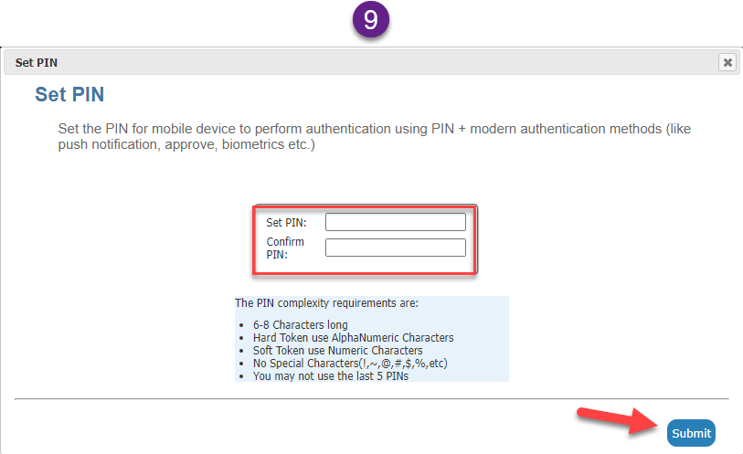 Enter your PIN and confirm your PIN. Click Submit.