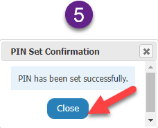 PIN has been set successfully. Click Close.