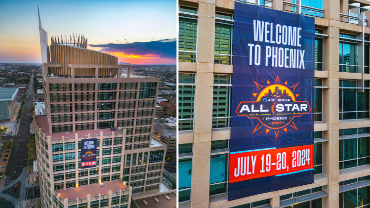 Photo of Phoenix City Hall with WNBA banner that reads, 