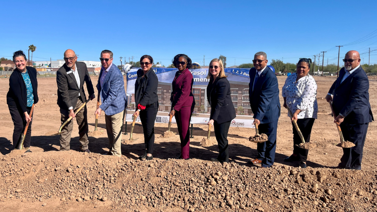 City of Phoenix Officials and partners hold shovels, breaking gorund at the future site of the Girasol Apartments