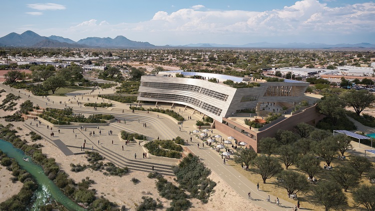 A rendering of the Resource Innovation Campus building along the Salt River