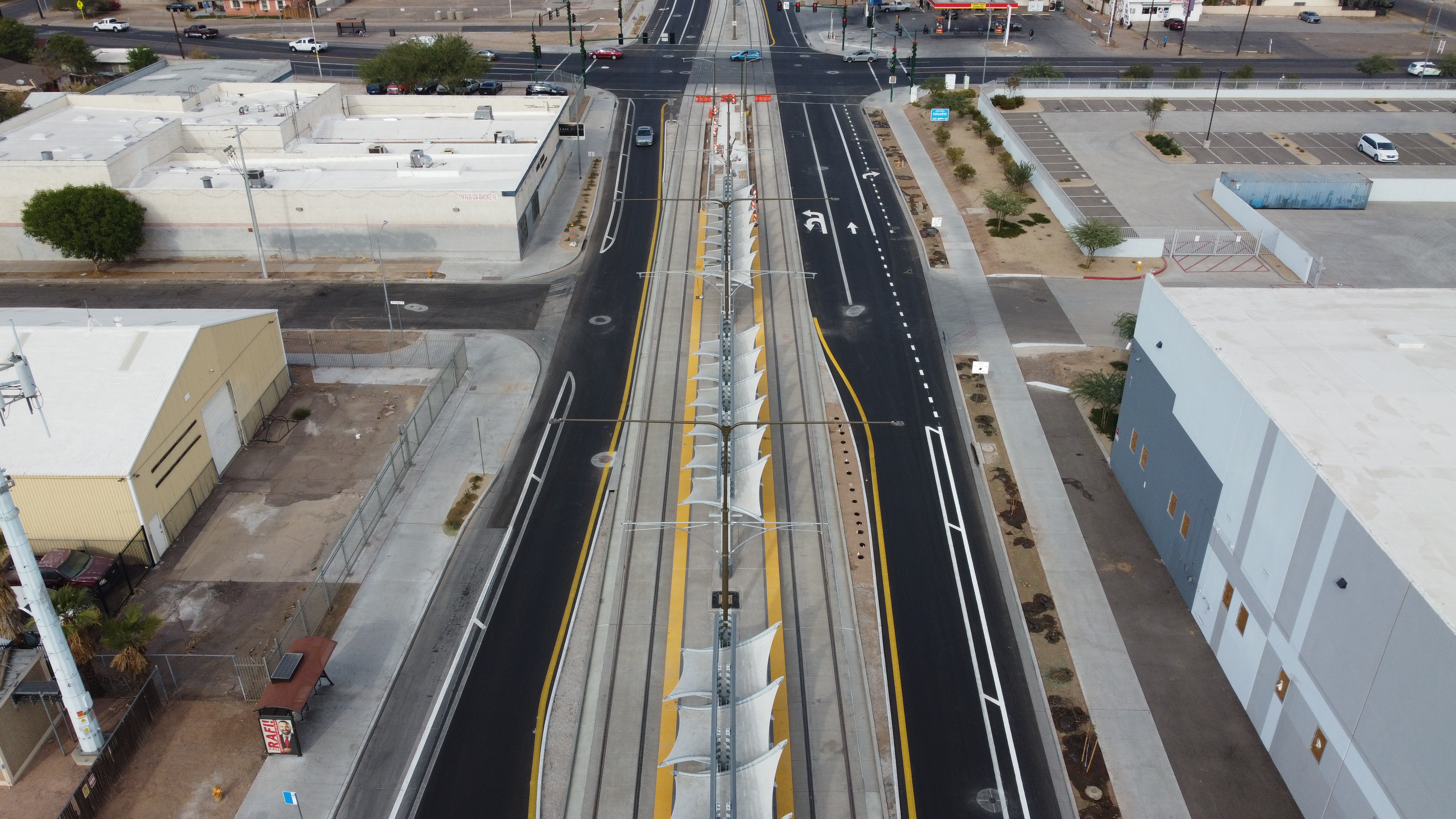 Aerial view of the South central/Downtown Hub light rail extension construction.