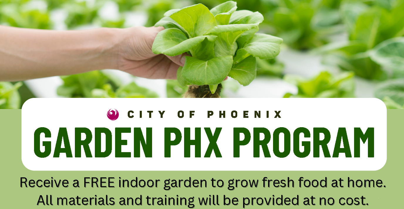 GardenPHX Logo with text stating "recieve a FREE indoor grden to grow fresh food at home.."