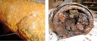 Corroded and rusty, leaky pipe (Left). Clogged waste pipe (Right)