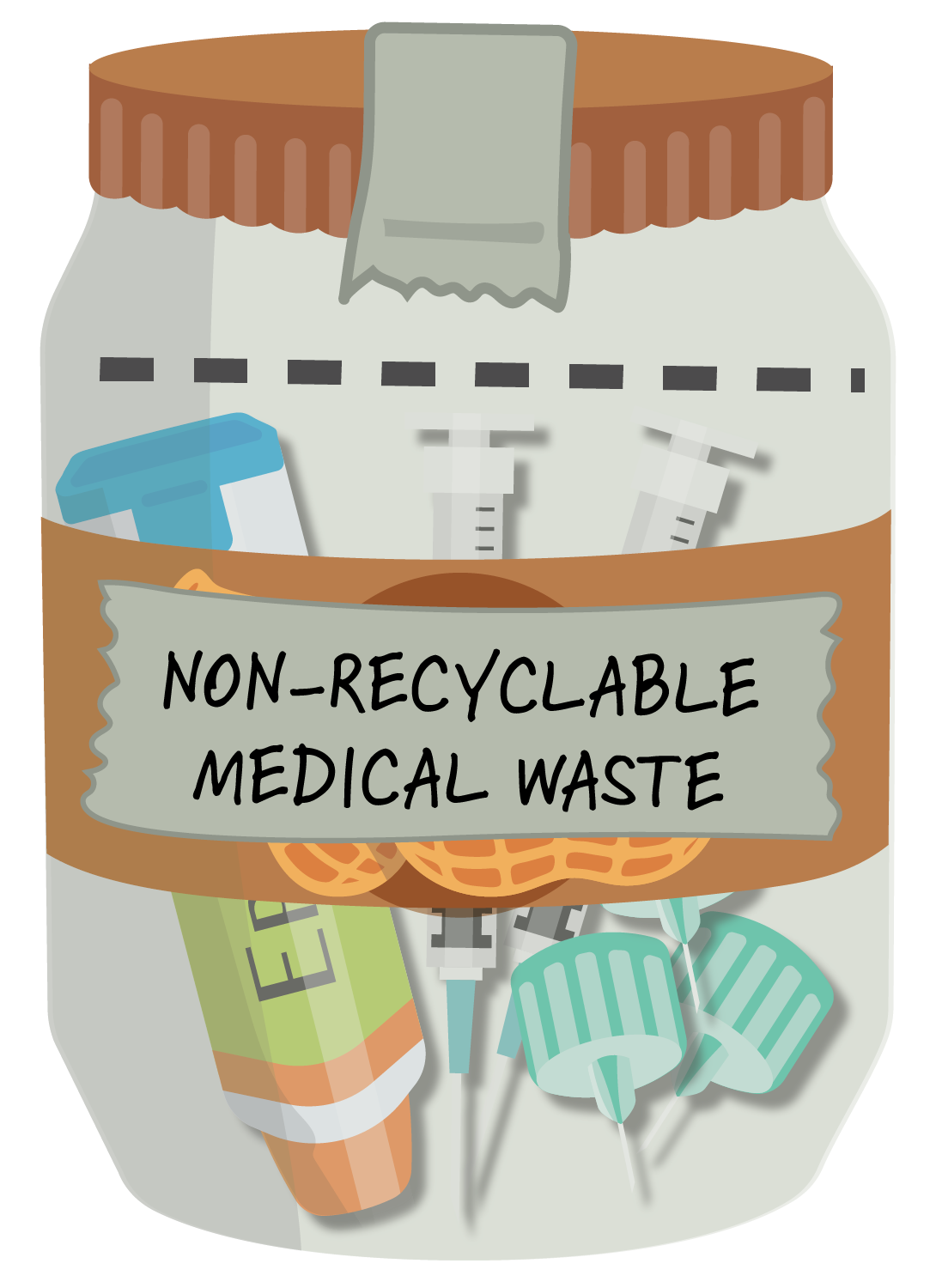 A graphic shows used medical sharps properly stored in a puncture-proof, labeled container.