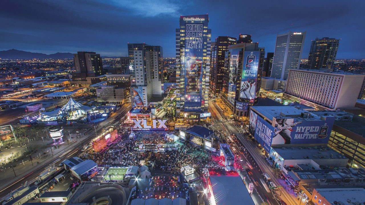 Photo courtesy of DTPHX.org. This image is of Block 23 during the 2015 Super Bowl events. Block 23 is now the site of a grocery store, retail, restaurant and urban residential apartments.